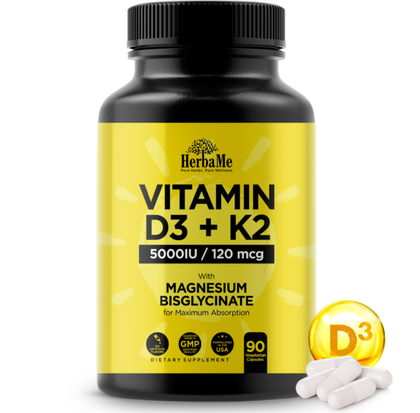 Vitamin D3 5000 IU + K2 with Magnesium Bisglycinate for Max Absorption